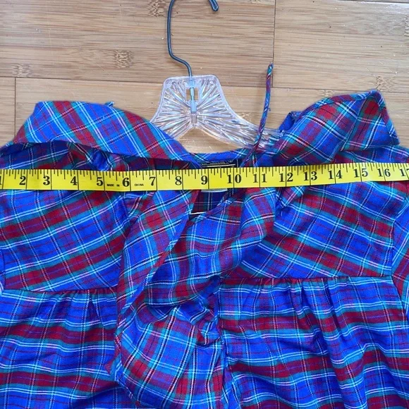 Eddie Bauer Womens L Ruffle Neck 3/4 length Nightgown Red Blue PLAID 90s USA - Picture 11 of 14